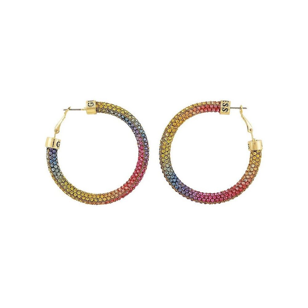 NWT  GUESS Goldtone & Rainbow Glass Crystal Hoop Earrings